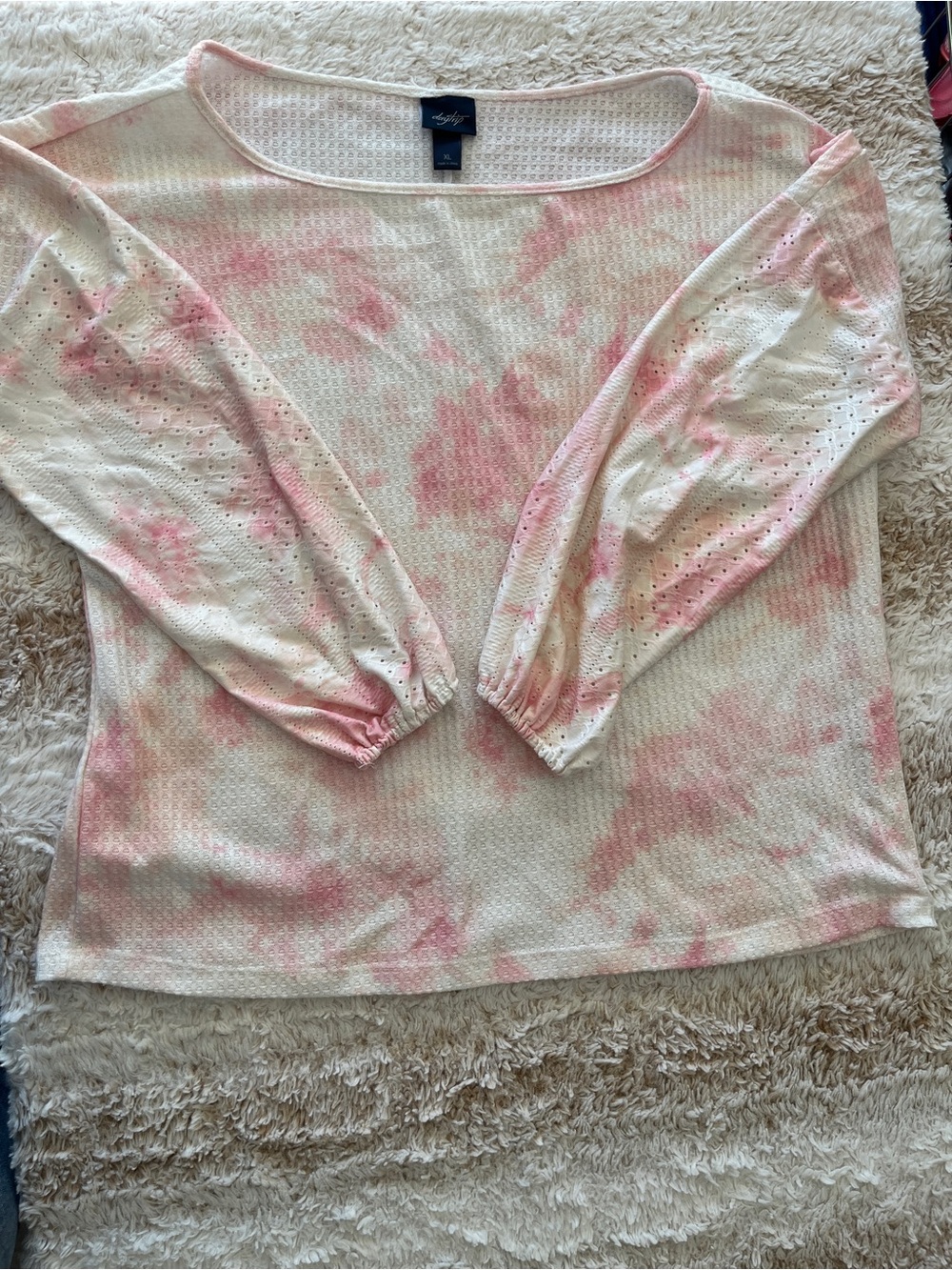 Daytrip Cream and Light Pink Tie-Dye Long Sleeve Waffle Knit Top